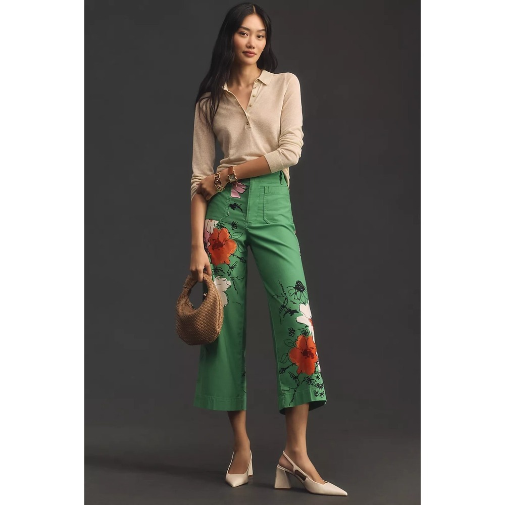 Anthropologie Green Floral Cropped Wide-Leg Pants with Orange Blooms